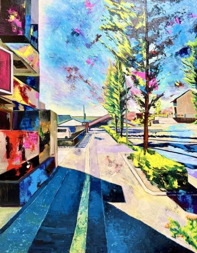 晴れた空と谷保の道