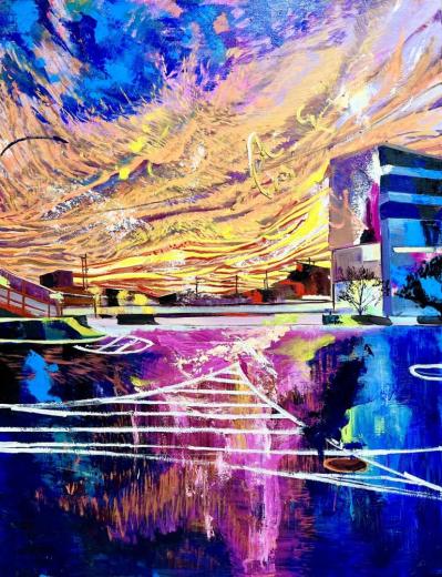 紫とオレンジの谷保の夕焼け