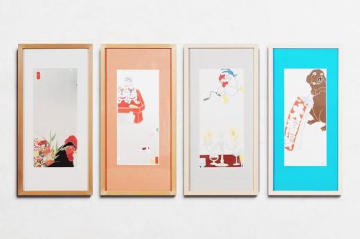 ミヤケマイによる作品4点セット《酉が熊手しょって》、《CHICKEN FIGHTS BACK》、《福戌(red)》、《福戌(blue)》