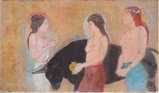 3人のギリシャの女性と雄牛